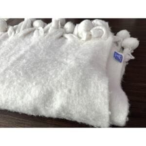 Pine Cone Hill Wool Blend Pom Pom Throw Blanket White Cozy Knit Fuzzy